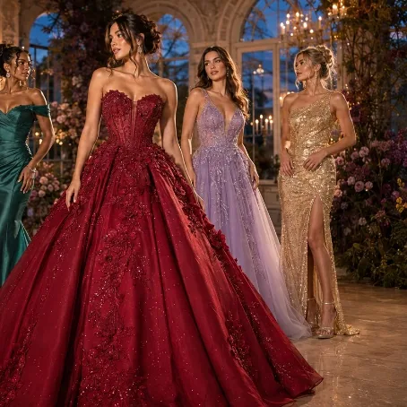 Four floor-length prom gowns — emerald, deep-red ball gown, lavender and gold sequin — in a candlelit hall