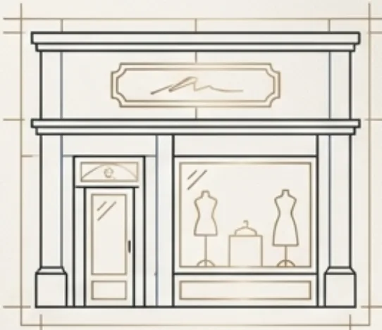 Line-art illustration of the Heather’s Boutique storefront