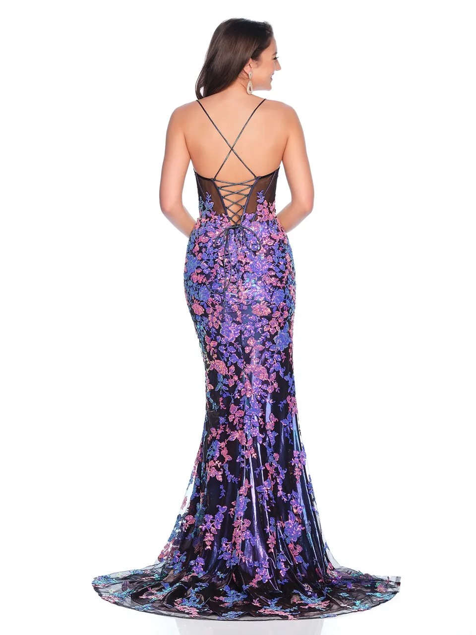 Dave & Johnny 12278 Prom Dress in Purple Print — back view