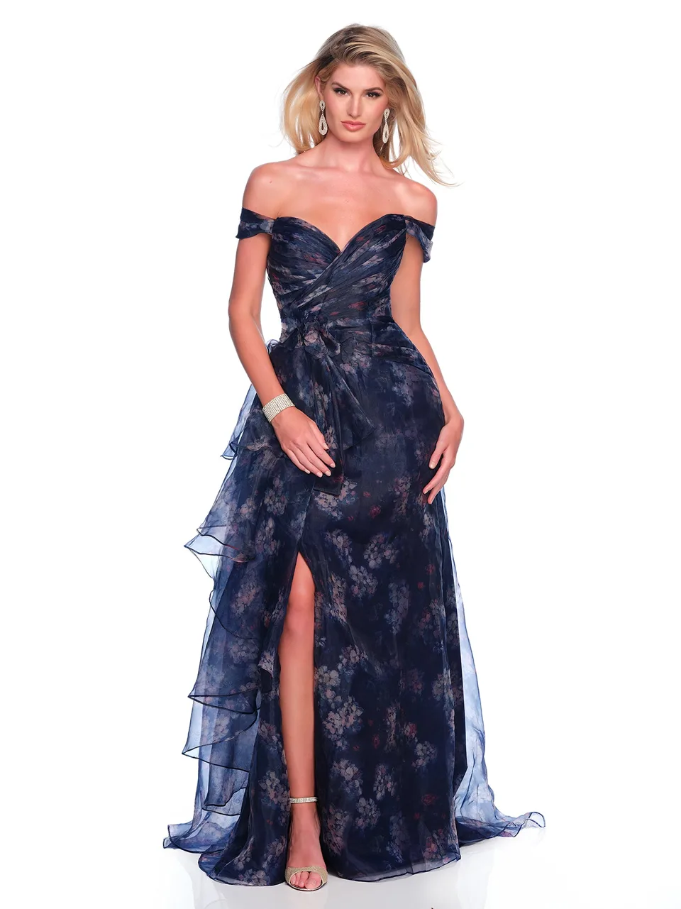 Dave & Johnny 12336 Prom Dress in Navy/Print — front view