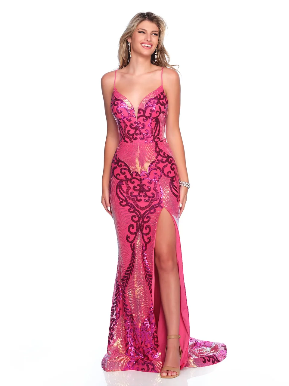 Dave & Johnny 12343 Prom Dress in Fuschia Pink — front view