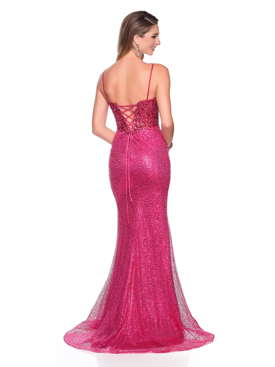 Dave & Johnny 12450 Prom Dress in Fuschia Pink — back view