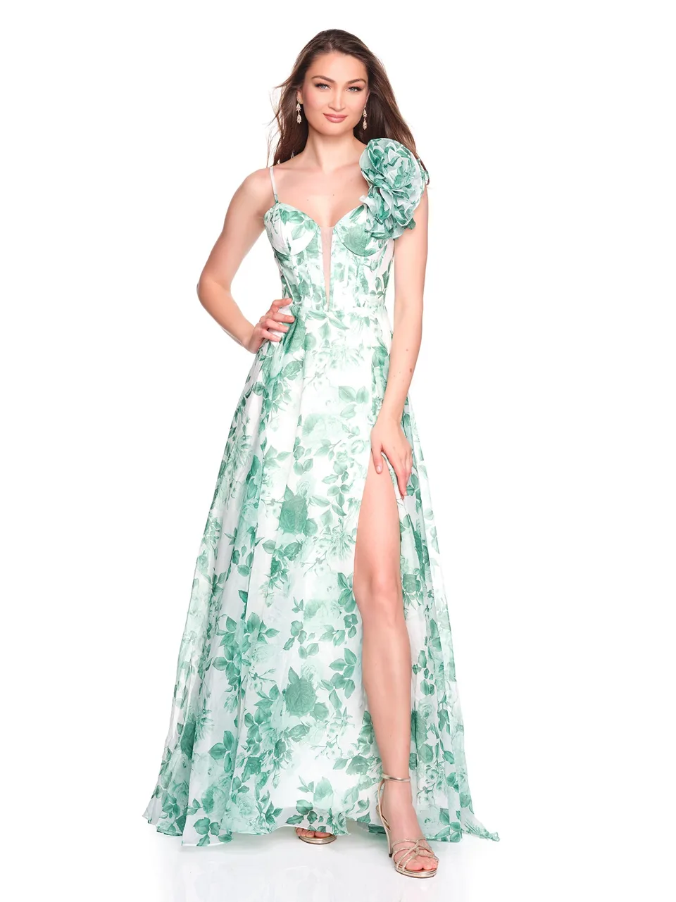 Dave & Johnny 12694 Prom Dress in Green Print — front view