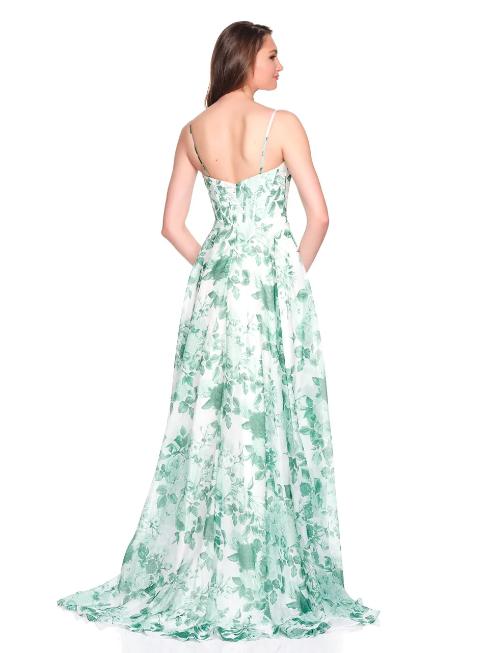 Dave & Johnny 12694 Prom Dress in Green Print — back view