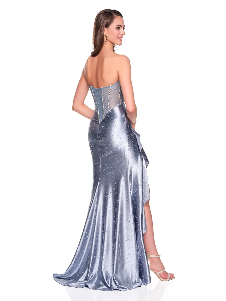Dave & Johnny 12722 Prom Dress in Dusty Blue — back view