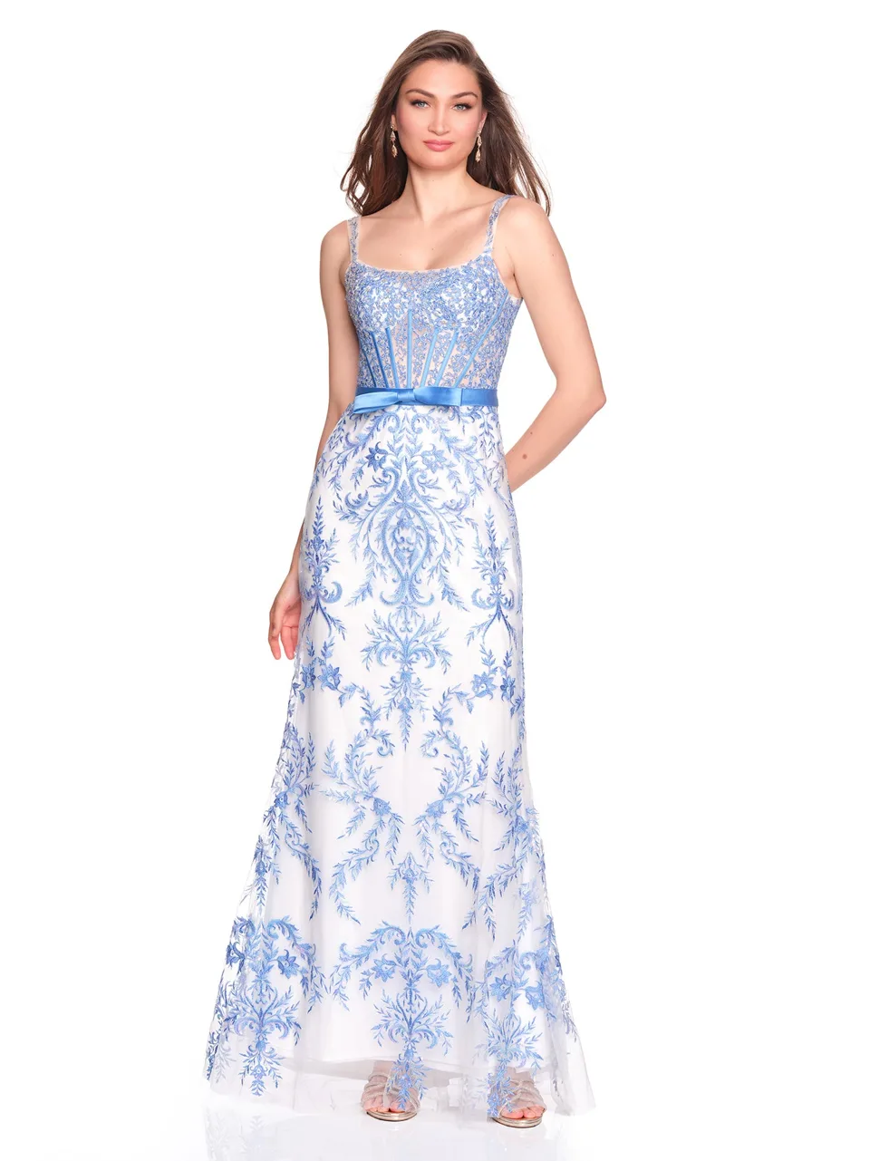 Dave & Johnny 12758 Prom Dress in Blue/White — front view