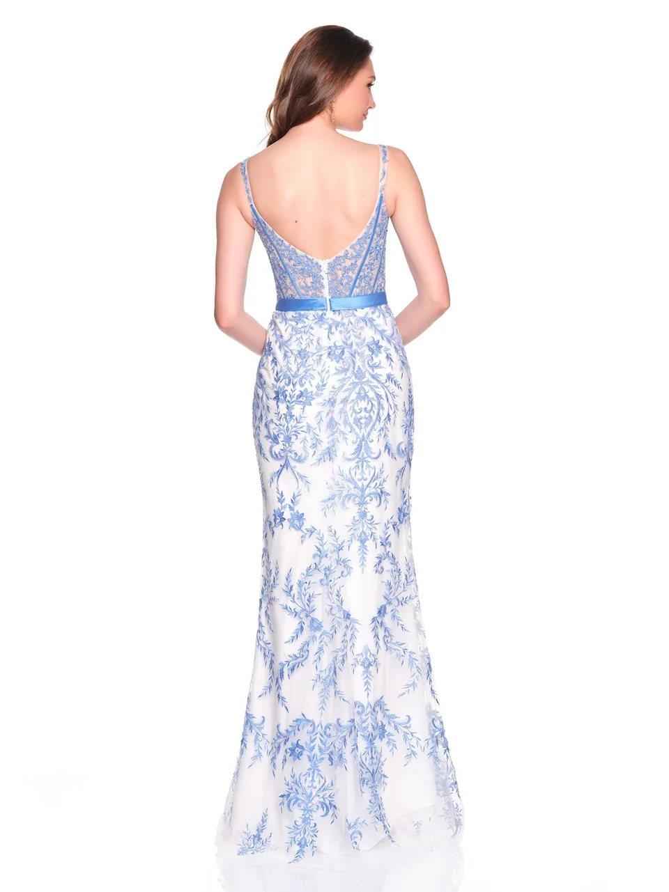 Dave & Johnny 12758 Prom Dress in Blue/White — back view