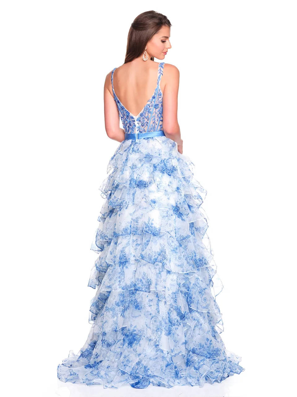 Dave & Johnny 12765 Prom Dress in Blue/Print — back view