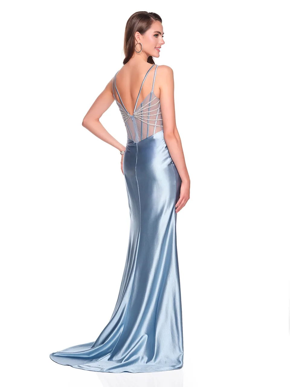 Dave & Johnny 12822 Prom Dress in Smoke Blue — back view