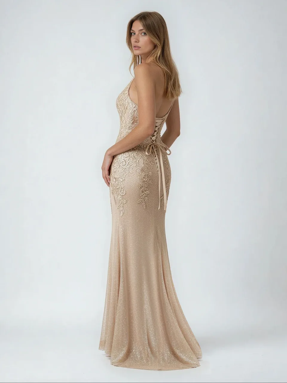 Dave & Johnny 12838 Prom Dress in Gold — back view