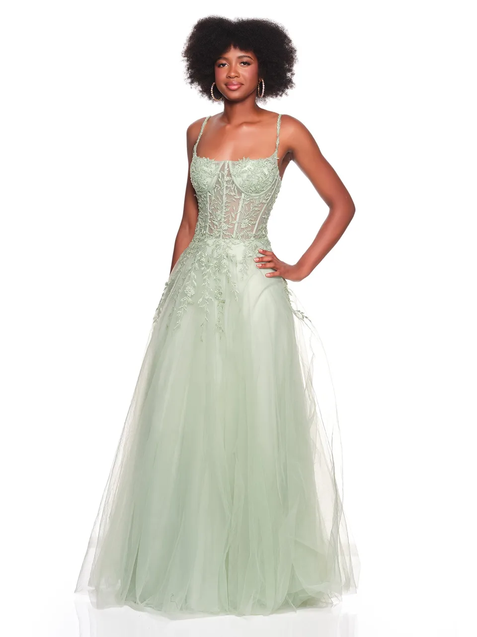 Dave & Johnny 12907 Prom Dress in Sage — front view