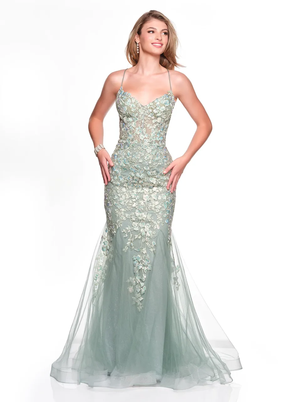 Dave & Johnny 12924 Prom Dress in Sage — front view