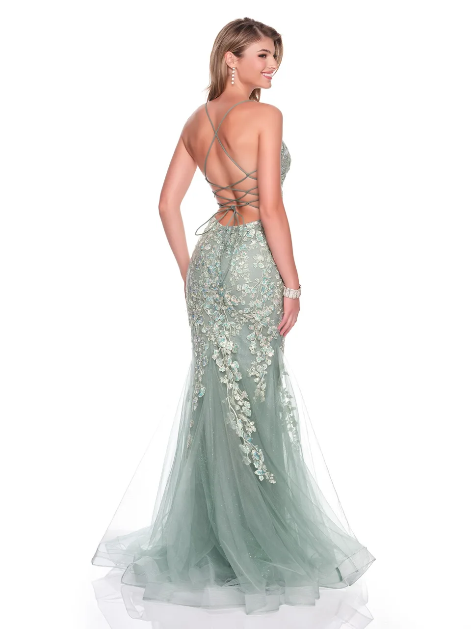 Dave & Johnny 12924 Prom Dress in Sage — back view