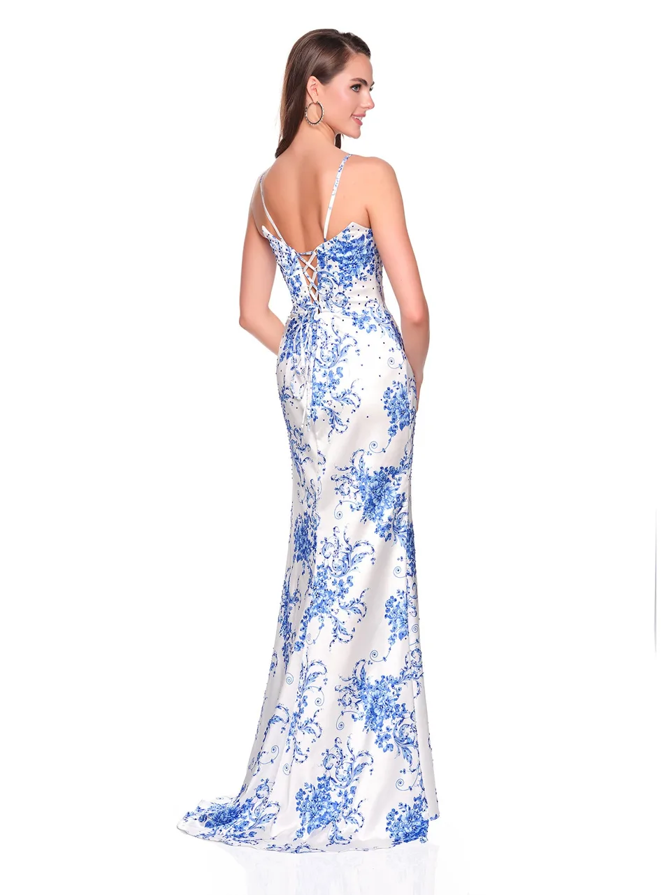 Dave & Johnny 12940 Prom Dress in Blue/Print — back view