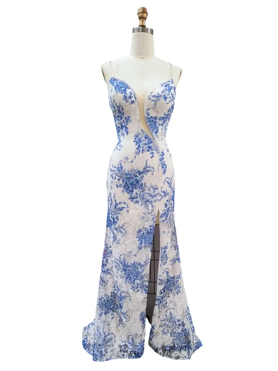 Dave & Johnny 12950 Prom Dress in Blue/Print — front view