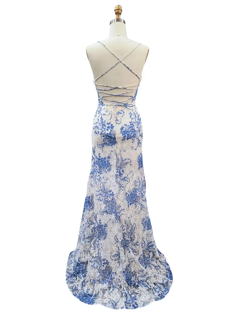 Dave & Johnny 12950 Prom Dress in Blue/Print — back view