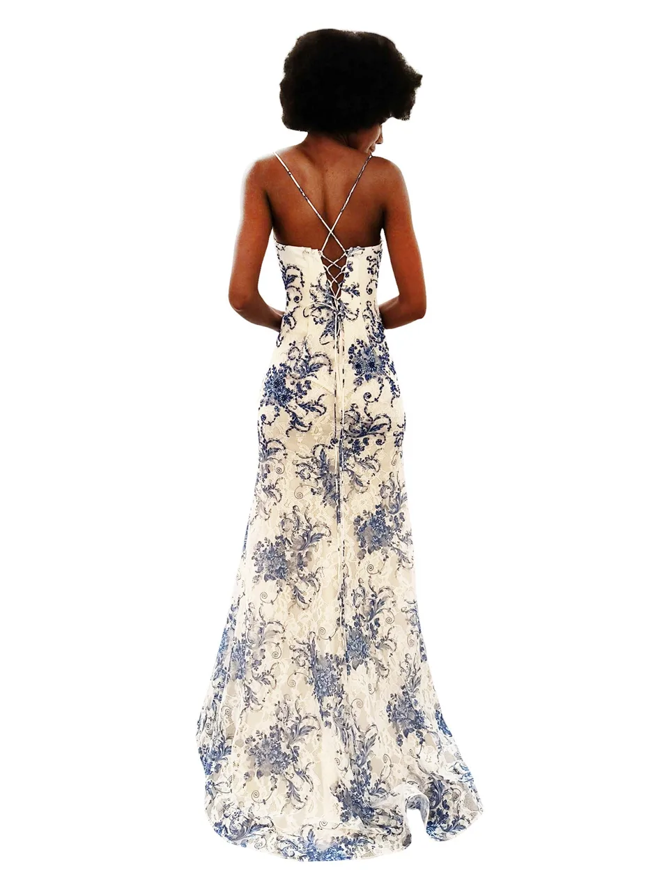 Dave & Johnny 12951 Prom Dress in Blue/Print — back view