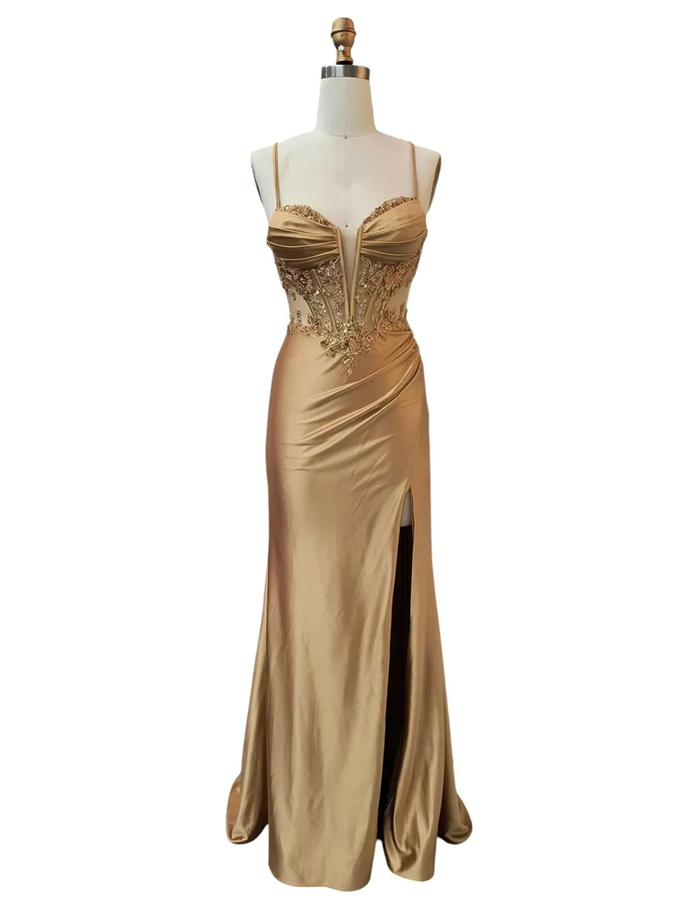 Dave & Johnny 12952 Prom Dress in Gold — front view