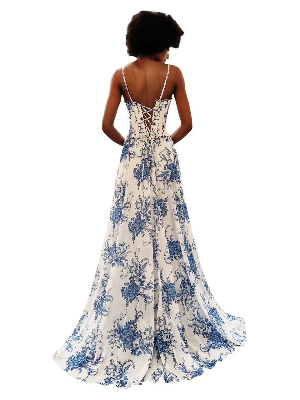 Dave & Johnny 12960 Prom Dress in Blue/Print — back view