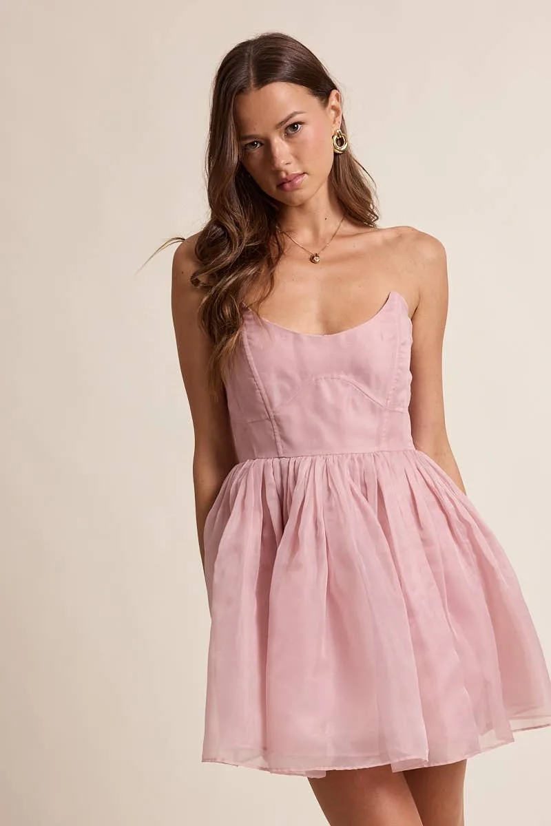 Modern Soirée Blush Sheer Baby-Doll Evening Mini Dress