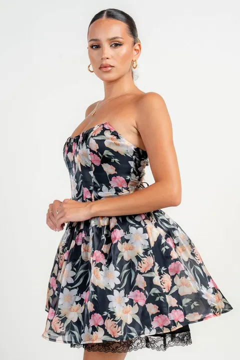 Midnight Polished Muse Floral Print and Corset Bodice Mini Dress