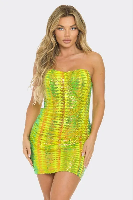 Golden Gala Lime Rhinestone Chain Party Dress