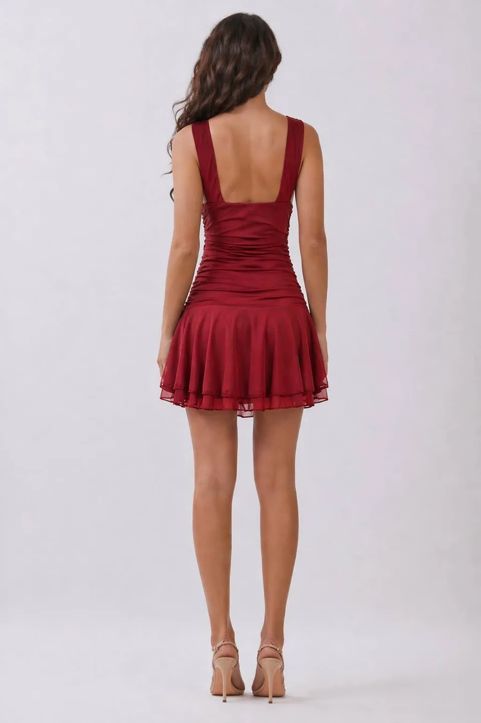 Celestial Muse Garnet Rust Side Ruching and Layers Statement Mini Dress