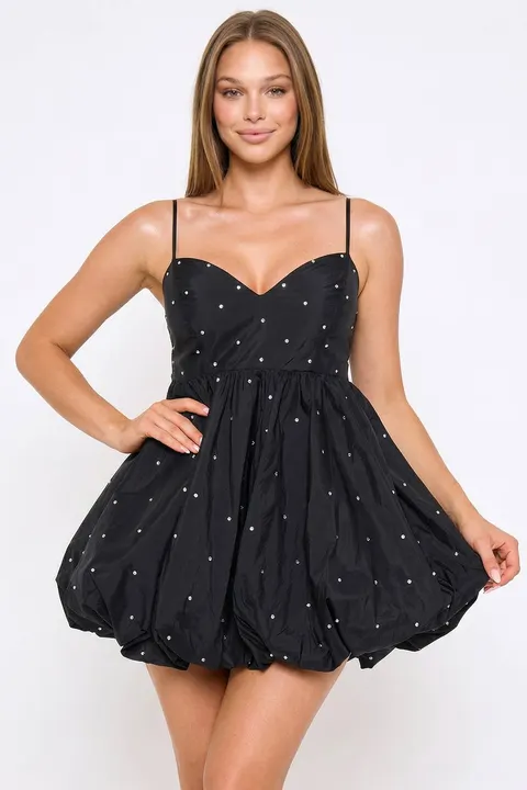 Moonlit Moment Black Taffeta Balloon Skirt Evening Mini Dress
