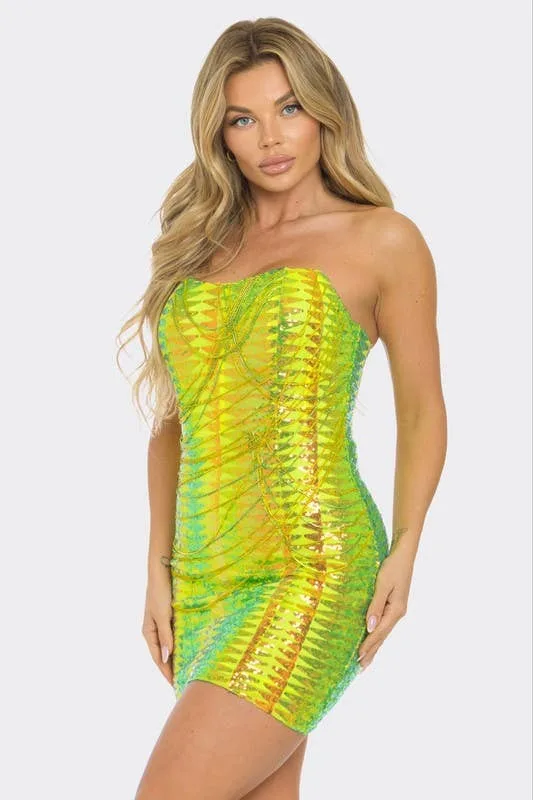 Golden Gala Lime Rhinestone Chain Party Dress