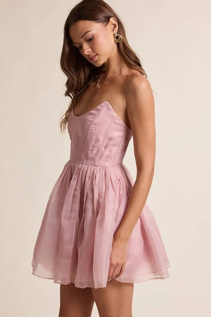 Modern Soirée Blush Sheer Baby-Doll Evening Mini Dress