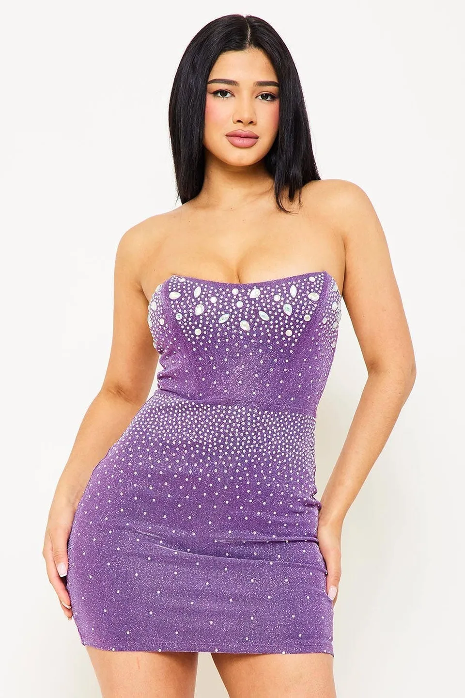 Purple Iconic Dream Rhinestone and Bead Mini Dress