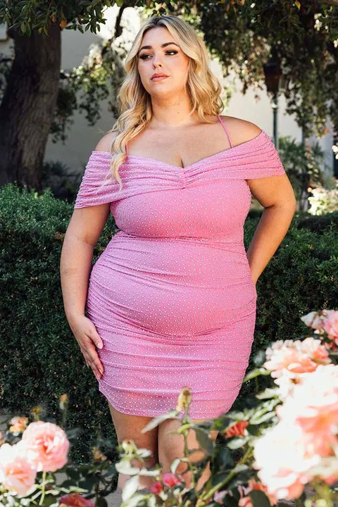 Vibrant Glow Pink Statement Rhinestones on Power Mesh Mini Dress