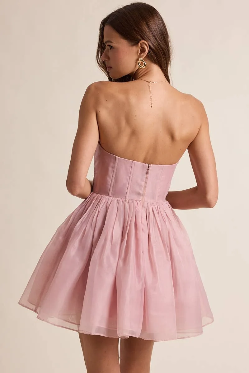 Modern Soirée Blush Sheer Baby-Doll Evening Mini Dress
