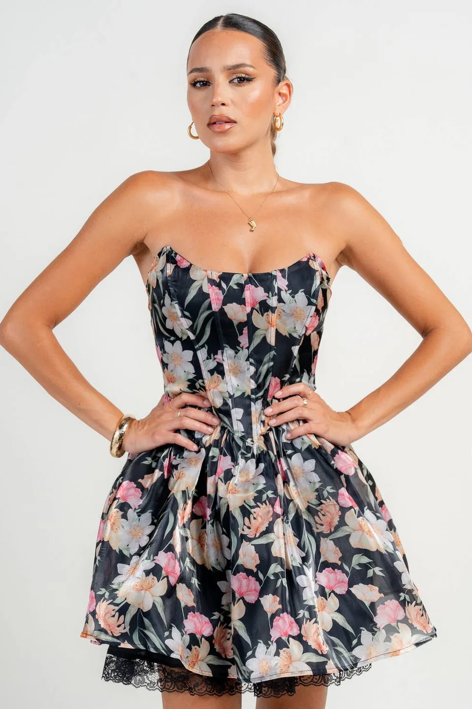 Midnight Floral Print Daring Soirée After-Dark Mini Dress