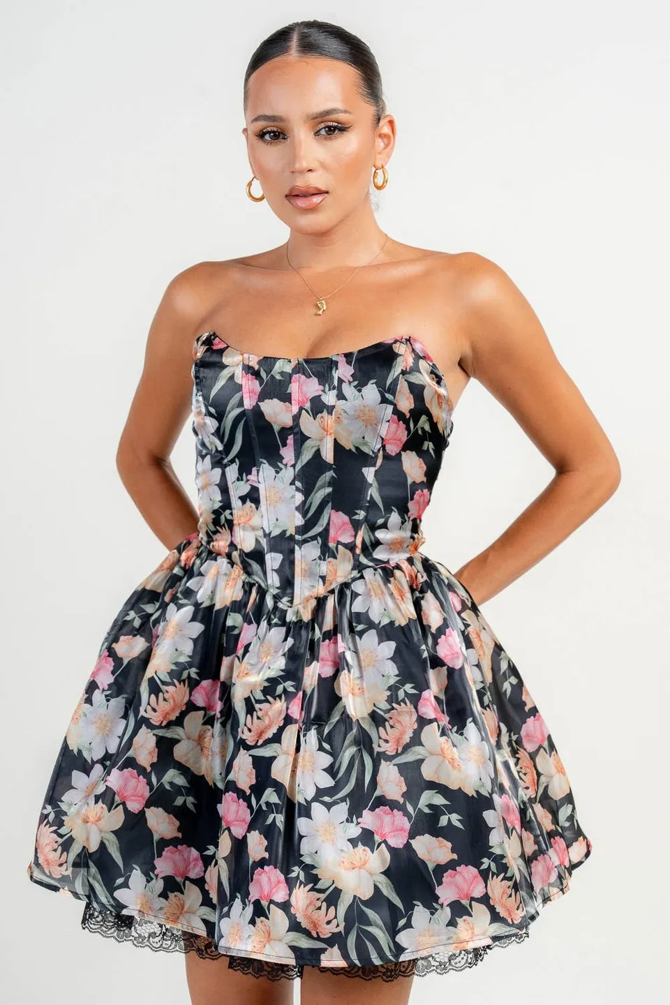 Midnight Floral Print Daring Soirée After-Dark Mini Dress