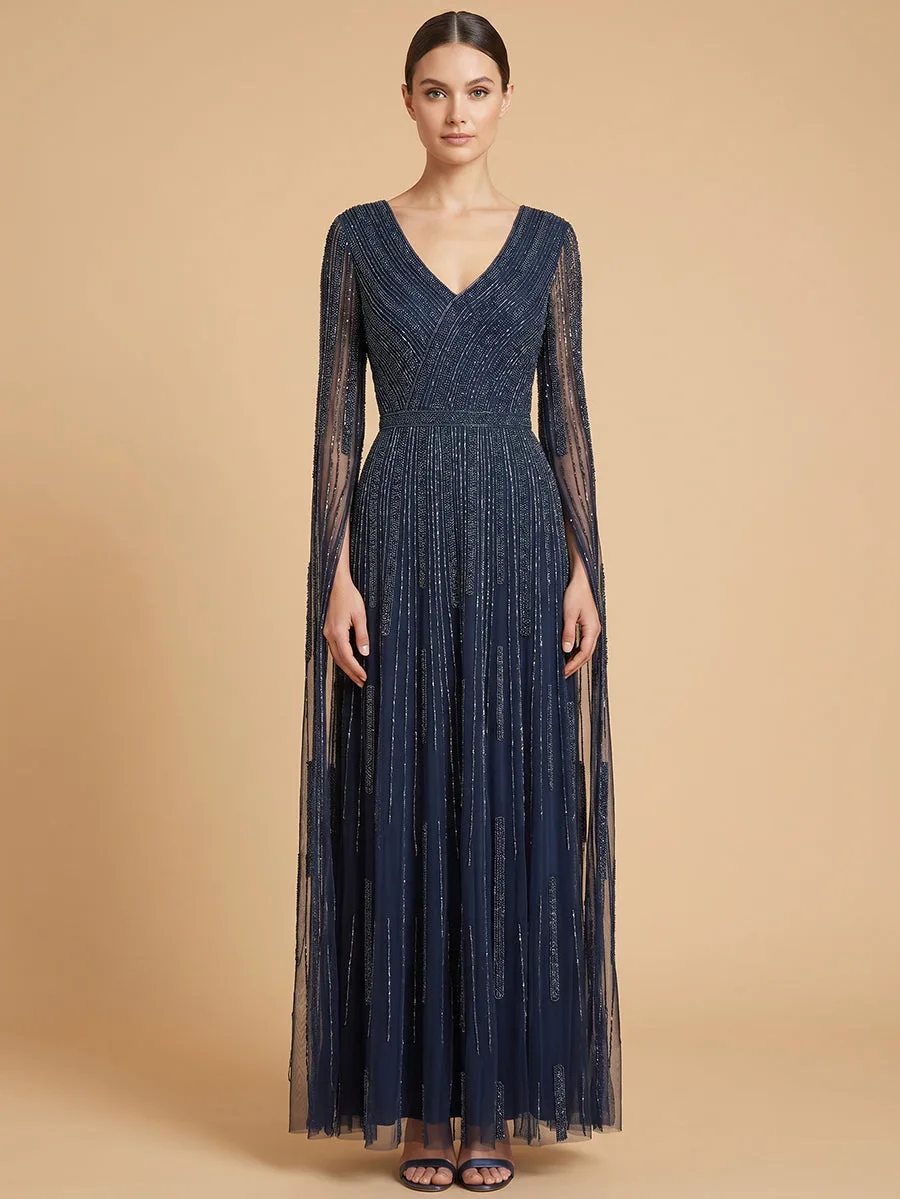 V-Neck Beaded Dress with Long Cape Sleeves by Lara New York — style 28835 in Navy