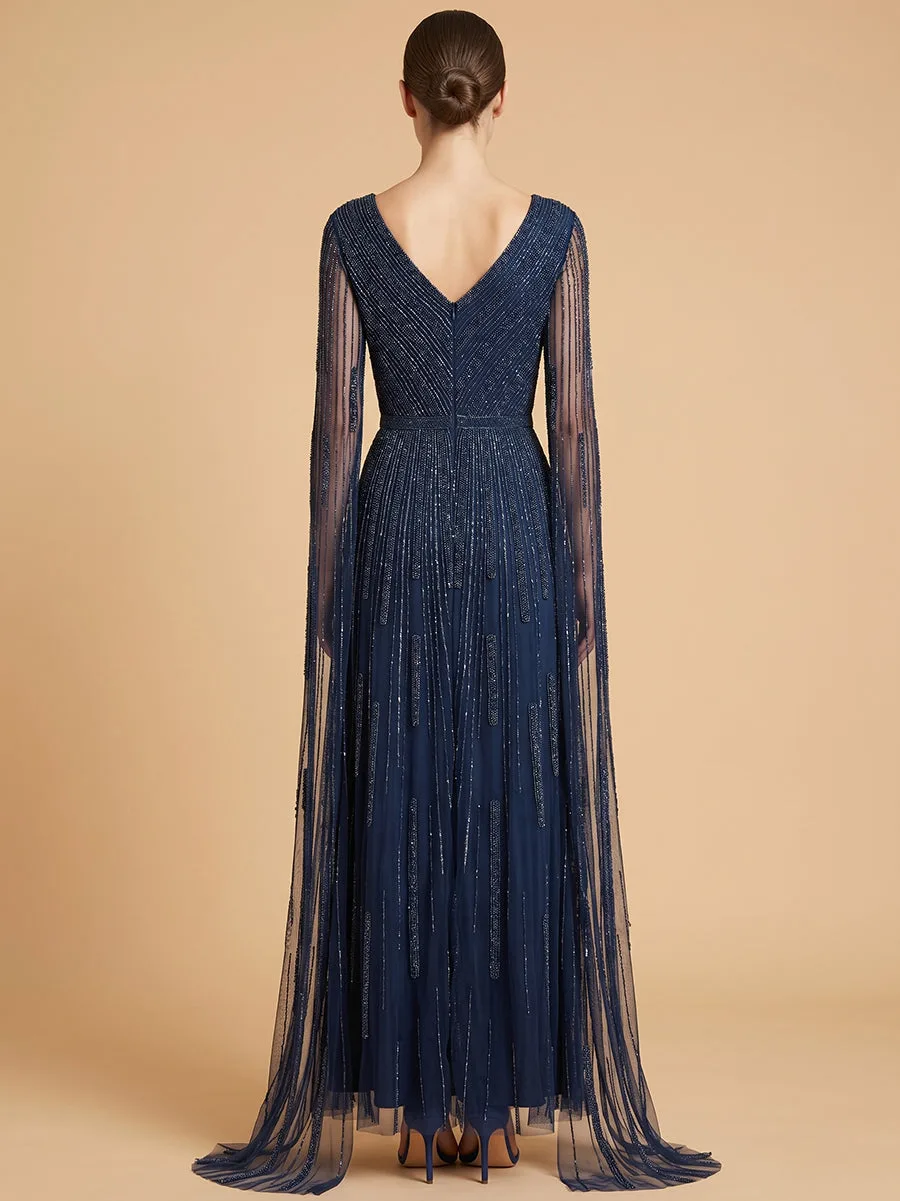 V-Neck Beaded Dress with Long Cape Sleeves by Lara New York — style 28835
