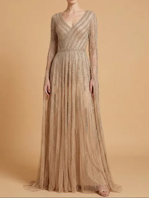 V-Neck Beaded Dress with Long Cape Sleeves