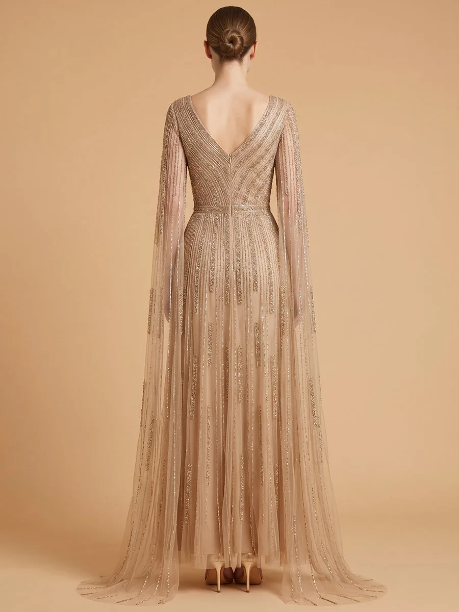V-Neck Beaded Dress with Long Cape Sleeves by Lara New York — style 28835