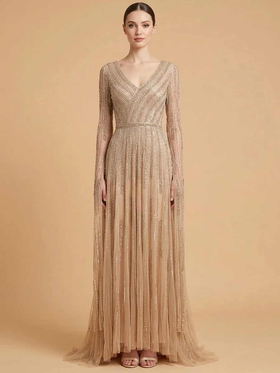 V-Neck Beaded Dress with Long Cape Sleeves by Lara New York — style 28835 in Nude