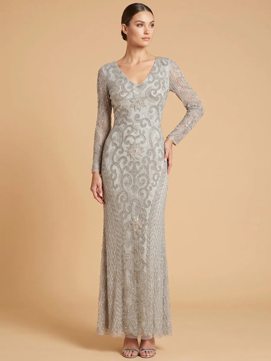 Long Sleeve V-Neck Beaded Evening Gown by Lara New York — style 28836 in Silver