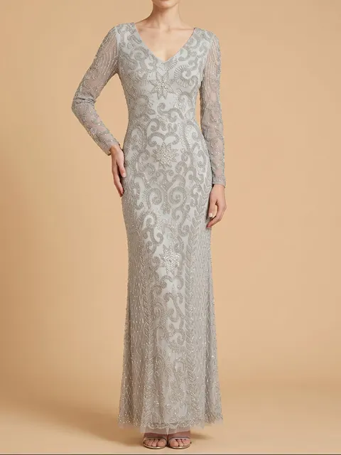 Long Sleeve V-Neck Beaded Evening Gown
