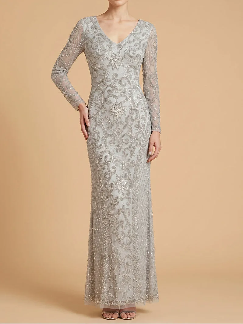 Long Sleeve V-Neck Beaded Evening Gown by Lara New York — style 28836