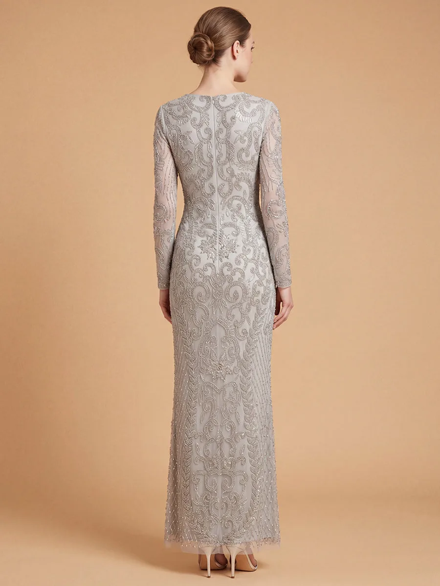 Long Sleeve V-Neck Beaded Evening Gown by Lara New York — style 28836
