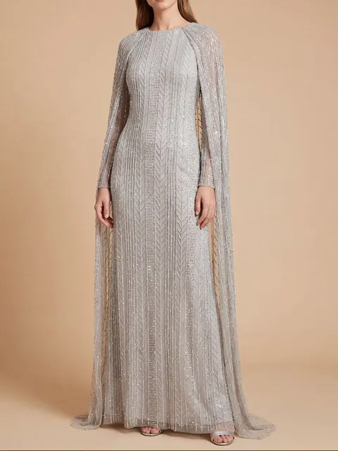 High Neck Linear Beaded Dress with Long Cape