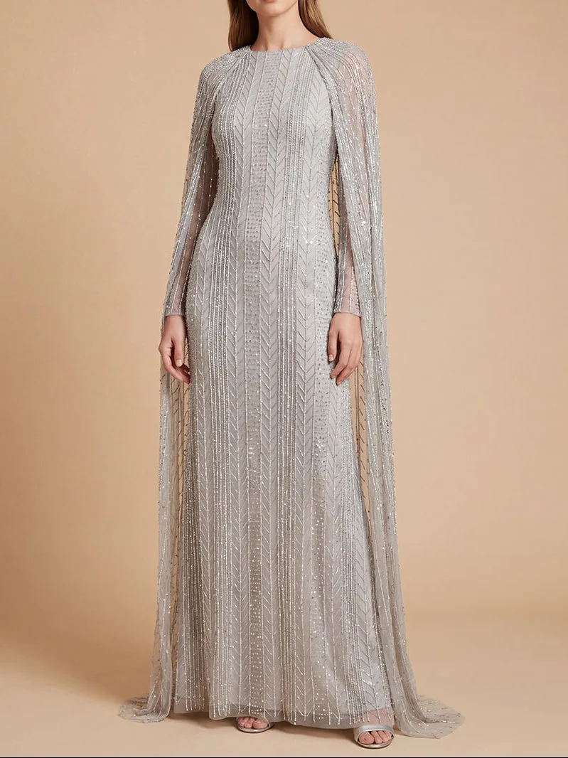 High Neck Linear Beaded Dress with Long Cape by Lara New York — style 28837 in Silver