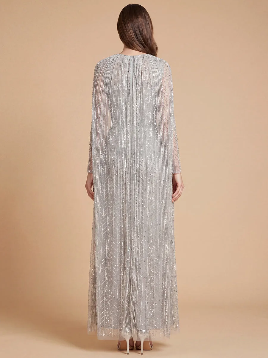 High Neck Linear Beaded Dress with Long Cape by Lara New York — style 28837