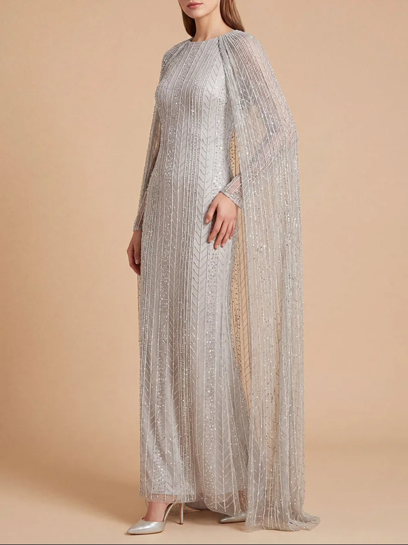 High Neck Linear Beaded Dress with Long Cape by Lara New York — style 28837