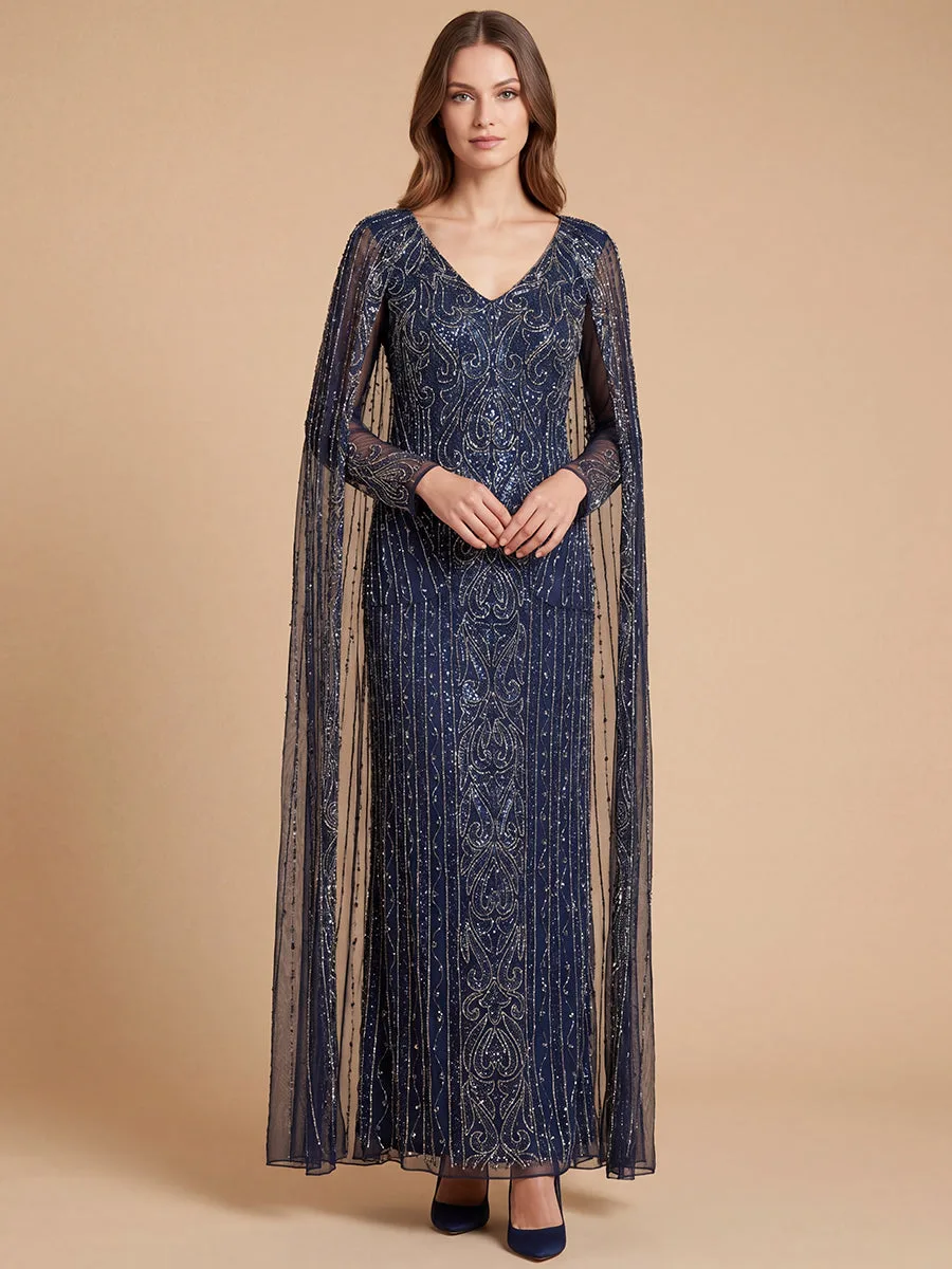 V-Neck Linear Beaded Dress with Long Cape by Lara New York — style 28838 in Navy