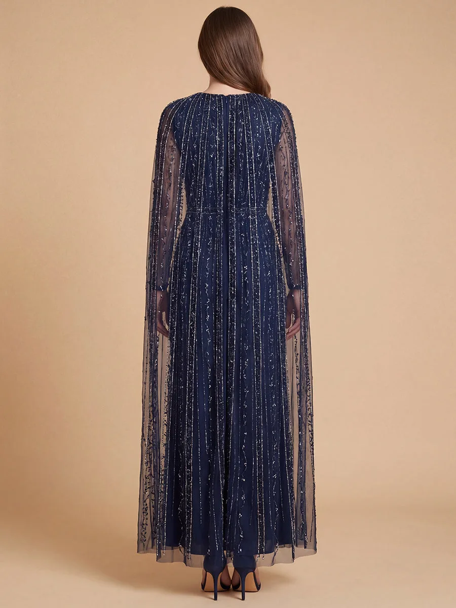 V-Neck Linear Beaded Dress with Long Cape by Lara New York — style 28838